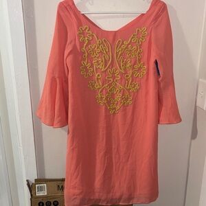 Judith March Coral Dress with Yellow Embroidery
